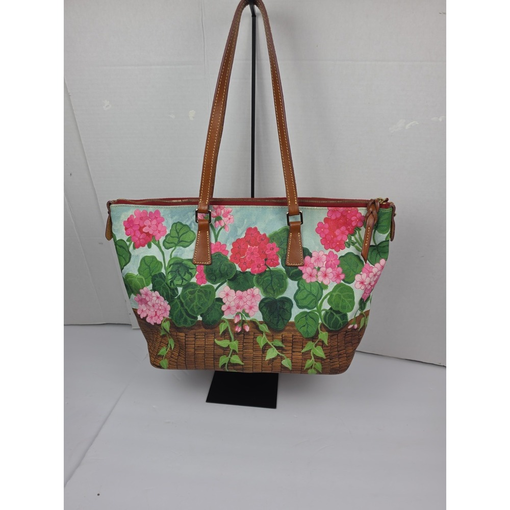 Dooney Bourke Floral Basket Cottage Garden Flowers Large Tote Bag Pink Green - Picture 5 of 13